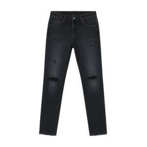 Modern Black Denim Jeans – Edgy Frayed Hem, Classic Fit.